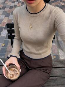 Women's Ribbed Knit Long Sleeve Crew Neck Top, Regular Fit Contrast Trim Knit Sweater, Suitable For Autumn/Winter/Spring Daily Wear - Multicolor - View 5
