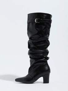 Autumn/Winter Fashion Hot-Selling Women's Pointed Toe Ruched High Heel Suede Knee-High Slip-On Black Elegant Boots - Black - View 4