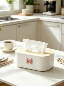 Cute Bow Decor Tissue Box, Minimalist Wood Grain Napkin Dispenser, Bedroom Living Room Office Desktop Tissue Holder, Home Decor Organizer, Rectangular Vertical Striped Tissue Storage Rack, Bedroom, Living Room, Office, Car Desktop Napkin Container, Beautiful Home Decor Organizer, Gift Choice - Multicolor - View 5