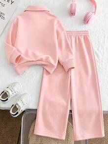 2pcs/Set Girls Half-Zip Polo Collar Letter Print Sweatshirt & Casual Wide Leg Pants, Comfortable Autumn/Winter New Girls Outfit - Pink - View 3