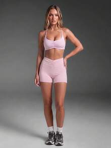 Women's Casual Sports 2 Pieces Set, Ruched Bust Cross Back Sleeveless Top, Ruched Waist Butt-Lifting Tight Shorts, Suitable For Yoga, Daily Wear - Pink - View 1