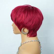 Green & BUG Red Color Layered Pixie Cut Human Hair Wigs For Women 6 Inch Short Pixie Cut Wig 150% Density Full Machine Made Wig With Bangs 1 Pc Human Hair Wig For Music Festival Daily Party Wear - SBUG - View 9