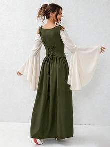 Medieval Renaissance Lace-Up Corset 2 Pieces Dress, Halloween Cosplay Performance Full Skirt Long Dress, Solid Color Drawstring - Olive Green - View 2