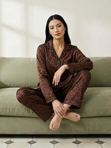 Cirelle Brown Leopard Print Jacquard Women's Long Sleeve Long Pants Pajama Set - Brown - View 1