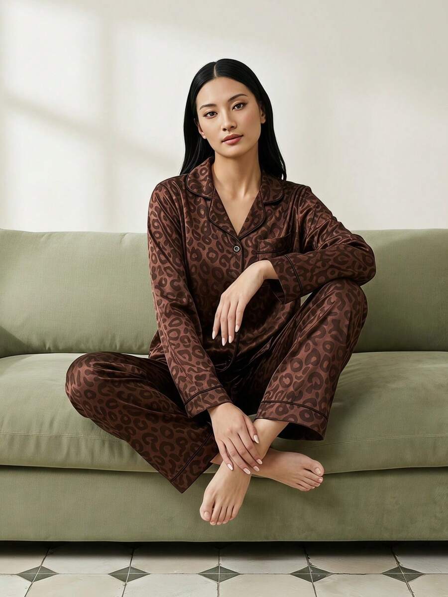 Cirelle Brown Leopard Print Jacquard Women's Long Sleeve Long Pants Pajama Set - Brown - View 1