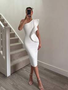 ADYCE Elegant One Shoulder Ruched Ruffle Slim Fit Mid-Length Party Dress, Lace-Up Back Prom Gown, Suitable For Homecoming, Wedding Guest, Prom, Birthday Party, Christmas Date, White - White - View 2