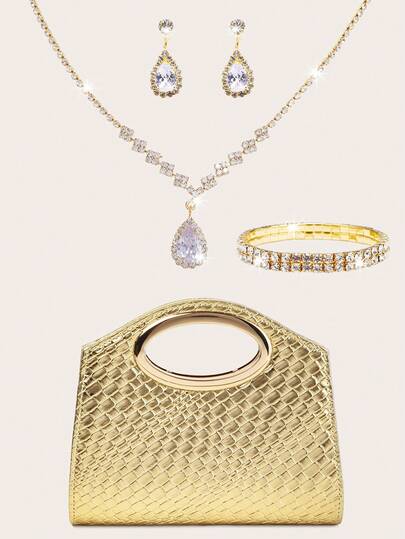 Luxury Sparkling Rhinestone Jewelry Set Necklace Earrings Bracelet 4-Piece Set With Solid Color Woven PU Fabric Clutch Bag, Fashionable And Elegant Handheld/Shoulder/Crossbody, Suitable For Weddings/Parties/Balls/Evening Events