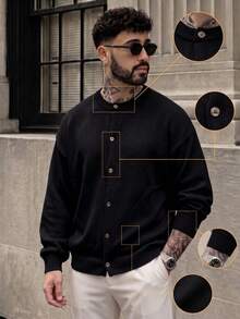 Lookun Men's Round Neck Single-Breasted Knit Cardigan Loose Drop Shoulder Minimalist Long Sleeve Sweater Jacket Autumn/Winter - Black - View 5