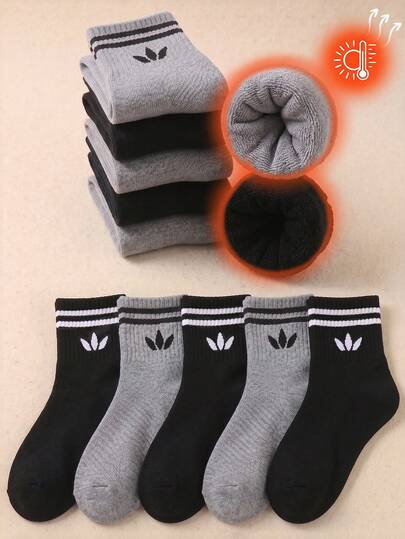 20/10/5 pares de calcetines negros y grises para niños, calcetines deportivos para niños, calcetines elásticos, calcetines cálidos con forro polar, adecuados para uso diario/vida, estilo otoño/invierno, con forro suave, cálidos, cómodos, suaves, (1-16 años) unisex, adecuados para salidas diarias de otoño/invierno, con diseño de doble raya y pétalos, color negro y gris resistente a la suciedad, adecuados para fiestas temáticas de Navidad, uso de Año Nuevo