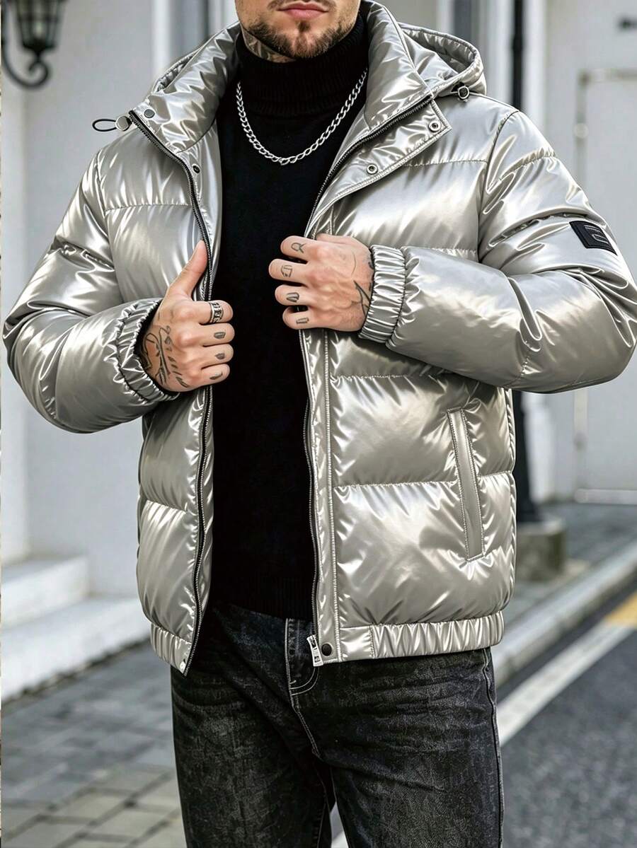 男士加厚棉襖，PU皮革素色高領拉鍊冬季長袖棉襖，休閒通勤街頭風