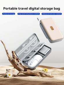 EAGET Túi lưu trữ kỹ thuật số di động, hộp đựng cáp vỏ cứng EVA với vách ngăn tháo rời, túi đựng du lịch vải Oxford 900D cho ổ cứng, sạc, cáp dữ liệu, chuột - Màu trắng kem - Xem 2