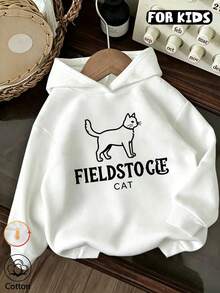 Girls Hooded Sweatshirt, Simple Line Cat & FIELDSTOCE CAT Letter Print Long Sleeve Pullover Hoodie, Casual Loose Tween Girl Hoodie For Fall Winter - White - View 1