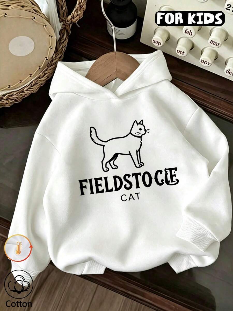 Girls Hooded Sweatshirt, Simple Line Cat & FIELDSTOCE CAT Letter Print Long Sleeve Pullover Hoodie, Casual Loose Tween Girl Hoodie For Fall Winter - White - View 1