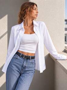 Women's Classic Button Down Shirt Long Sleeve Collared Blouse Relaxed Fit Curved Hem Button Cuffs Office Casual Top - White - View 9