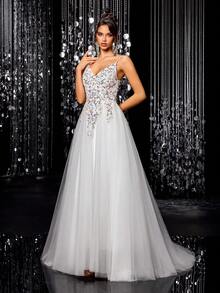 Elegant White Sequin Decorated V-Neck A-Line Evening Gown, Suitable For Weddings, Parties, Christmas, New Year And More - White - View 8