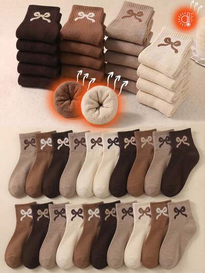 20/10/5 Pairs Socks, Kids Terry Short Socks, Terry Elastic Socks, Thermal Lined Socks, Suitable For Daily Wear/Life, Autumn/Winter Style, With Fleece, Warm, Comfortable, Soft, (1-16 Years Old) Suitable For Boys And Girls, Autumn/Winter Daily Outings Wear, With Bow Print Design, Brown Color Palette, Earth Tone, Suitable For Christmas Theme Party Wear, New Year Wear