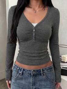 NOIRLYN Women's Y2K Autumn Casual Sexy Solid Color Lace Contrast Fitted Long Sleeve V-Neck Top, Suitable For Daily Commute Wear - Dark Grey - View 3