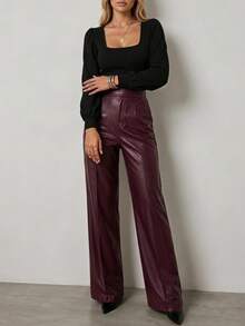 Women's High-Waisted Leather Pants With Pockets And A Slight Width Towards The Ankle., 37373 - Burgundy - View 4