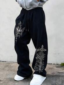 SU ER Men's Summer Casual Elastic Waist Drawstring Loose Draped Lazy Wide Leg Curved Hem Long Pants - Black - View 2