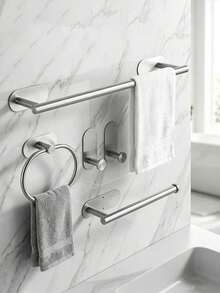 Stainless Steel Bathroom Accessories, Thickened Towel Bar With Towel Ring, Drill-Free Clothes Hook, Toilet Paper Holder, Bathroom Storage Rack, Suitable For Kitchen, Laundry Room - Silver - View 1