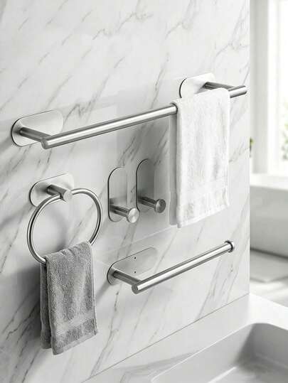 Stainless Steel Bathroom Accessories, Thickened Towel Bar With Towel Ring, Drill-Free Clothes Hook, Toilet Paper Holder, Bathroom Storage Rack, Suitable For Kitchen, Laundry Room