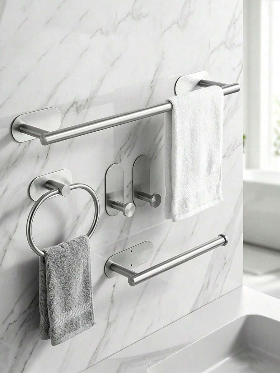Stainless Steel Bathroom Accessories, Thickened Towel Bar With Towel Ring, Drill-Free Clothes Hook, Toilet Paper Holder, Bathroom Storage Rack, Suitable For Kitchen, Laundry Room - Silver - View 1