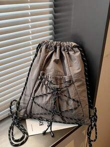Grey Drawstring Bag, Large Capacity Multi-Functional Drawstring Backpack, Fashionable Sports, Suitable For School, Commuting, Daily Casual Use, Cute Design - Grey - View 8
