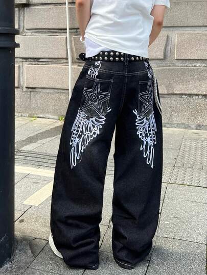 Hearty Haven 1pc American Street Style Vintage Star Pattern Embroidered Men's Wide Leg Loose Comfortable Washed Denim Jeans All Season Versatile Long Pants (No Belt Or Accessories)