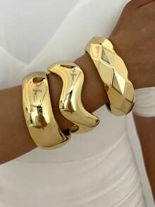 3/1pc Multi-Piece Stackable Fashion Minimalist Elegant Exquisite Vintage Design Geometric Ribbon Wavy Texture CCB Metal Style Exaggerated Chunky Bracelet Set, Holiday Vacation Party Date Gift, Daily Commute Wear, Personalized - Yellow Gold - View 4