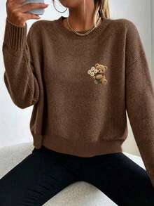 Plus Size Women's Ghost Reading Bookshelf Graphic Casual Pullover Sweater - Dark Ochre - View 3