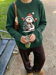 Women's New Arrival: Loose-Fit, Slimming Long-Sleeve Sweater With Christmas Tree &SnowmanPrint– PerfectforLounging,HolidayGifting,AndFestiveGatherings - Dark Forest Green - View 3
