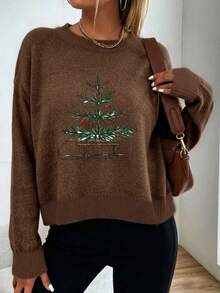 Women's Plus Size Long Sleeve Pullover Sweater, Vintage Hand-Painted Sleigh & Christmas Tree Print, Loose Casual Top, Suitable For Autumn/Winter - Dark Ochre - View 3