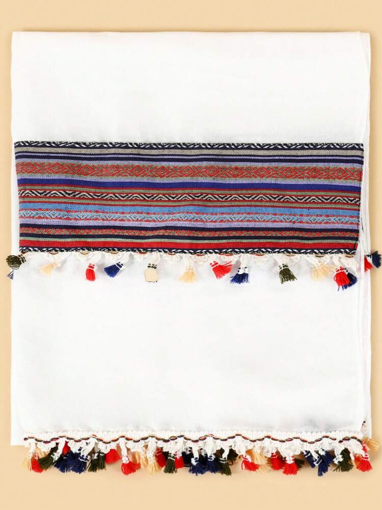 1 buah Syal Wanita Gaya Bohemian Warna Polos dari Linen dengan Rumbai, Syal Kasual, Cocok untuk Penggunaan Sehari-hari - Putih - View 3