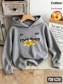 Autumn/Winter 3 Pieces Tween Girls Letter Floral Print Sweatshirt, Grey Long Sleeve Cotton Comfortable Y2K Style - Heather Gray+Heather Gray+Heather Gray - View 4