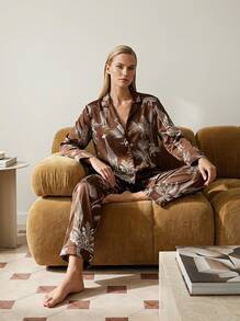 Cirelle 2pcs Premium Jungle Animal Print Pajama Set, Long Sleeve Deep V-Neck Collar + Slightly Wide Leg Pants, Casual Home Wear 2 Pieces Set - Coffee Brown - View 4