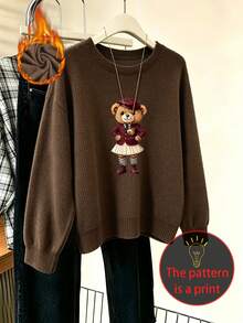 Women's Plus-Size Casual, Cute Faux-Knit Sweater Featuring A Preppy-Style Bear Graphic; Versatile And Perfect For Everyday Wear In Autumn And Winter. - Brown - View 10