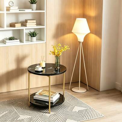 Space Saving 2-Tier Side End Table, Unique Round & Square Double Layer Nightstand, Sturdy Metal Frame Multi-Use Table For Small Home Indoor Outdoor