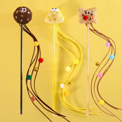 3pcs Interactive Cat Teaser Toys - Plush Tassel Toys, Cartoon Cookie Toast Cheese Shapes, Relieve Boredom, Battery-Free