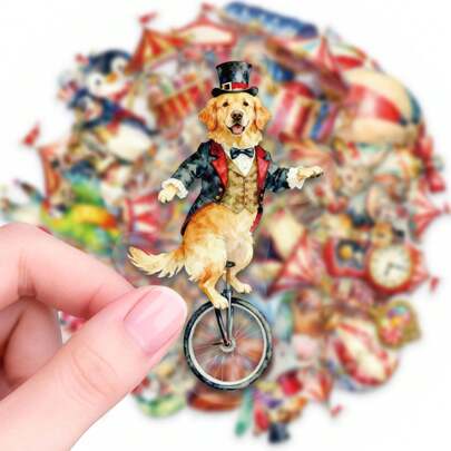 56pcs Circus Theme Graffiti Children PET Stickers, Suitable For Laptop, Tablet, Phone Case, Luggage, Water Bottle, Skateboard And Guitar, Door, Gift Decoration Art Stickers, DIY Scrapbook Stickers Toys