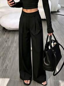 Solid Color Belt Pocket Zipper Office Women's Long Pants - Black - View 6