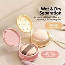 Shiny Rhinestone-Studded Dual-Layer Wet/Dry Separated Powder Puff Storage Box, Portable Breathable Makeup Sponge & Powder Puff Case, Travel Makeup Tool - Multicolor - View 2