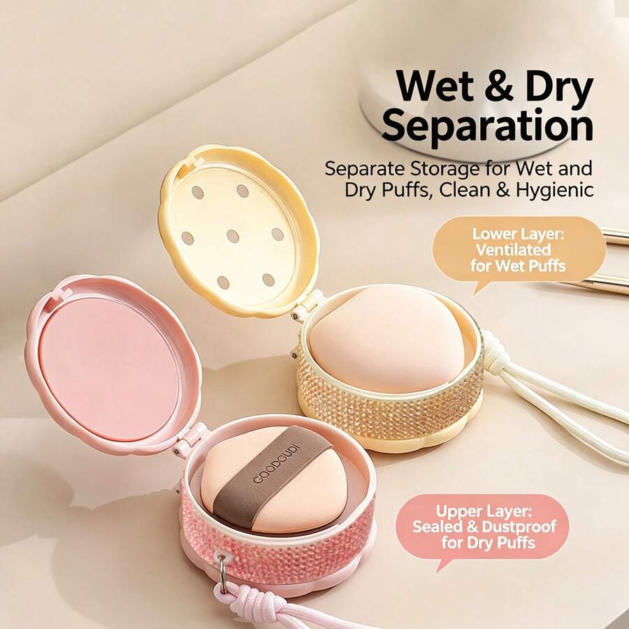 Shiny Rhinestone-Studded Dual-Layer Wet/Dry Separated Powder Puff Storage Box, Portable Breathable Makeup Sponge & Powder Puff Case, Travel Makeup Tool