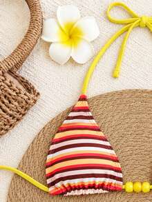Valentine's Day Spring/Summer New Vibrant Colorblock Striped Halter Bikini Beach Vacation Party Date Sexy Two Pieces Swimsuit Set - Multicolor - View 4
