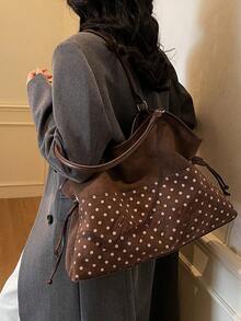 Letter Wave Dot Large Capacity Women's Bag, Fashionable And Versatile Multi-Functional Shoulder Tote Bag, PU Material Daily Commuting Large Bag - Coffee Brown - View 4