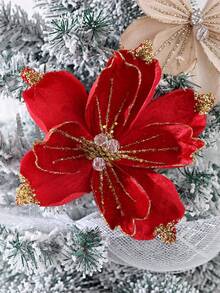 1Pc Glitter Velvet Artificial Christmas Poinsettia Flowers,Beaded Fabric Floral Picks,Decorative Flower Stems For Christmas Tree,Table Centerpiece - Multicolor - View 5