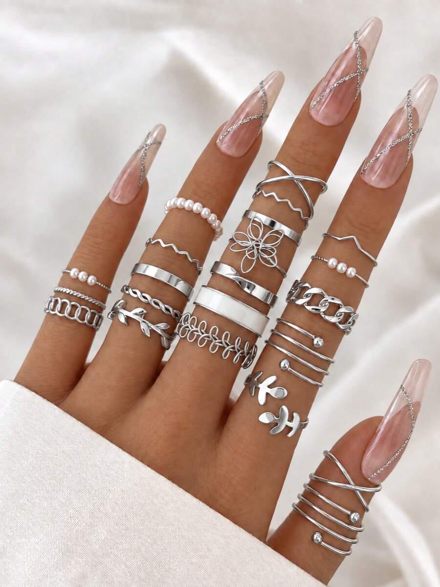 22pcs/Set Fashionable Faux Pearl Flower & Geometric Design Rings Set For Women - Silver - View 1