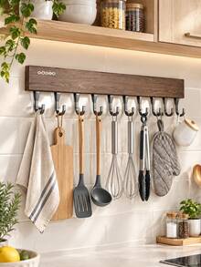 Utensil Hook Rack, Wall‑Mounted Kitchen Hanging Organizer, Holds Spatulas, Whisks, Cutting Boards & Towels, Punch‑Free Adhesive Installation, No Damaging Walls, Ideal For Home Kitchen, Apartment, Small Galley Kitchen Storage - Multicolor - View 2
