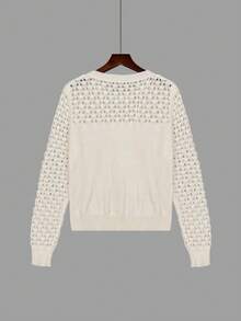 Fashion Women's Long Sleeve Hollow Design Sweater, Regular Length Off-White Semi-Sheer Detail Pullover, Suitable For Autumn White - White - View 9