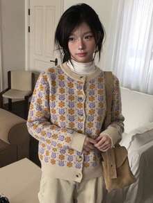 Vintage Floral Jacquard Knit Cardigan Women Round Neck Single-Breasted Loose Soft Cozy Sweater Jacket Casual Top - Khaki - View 1