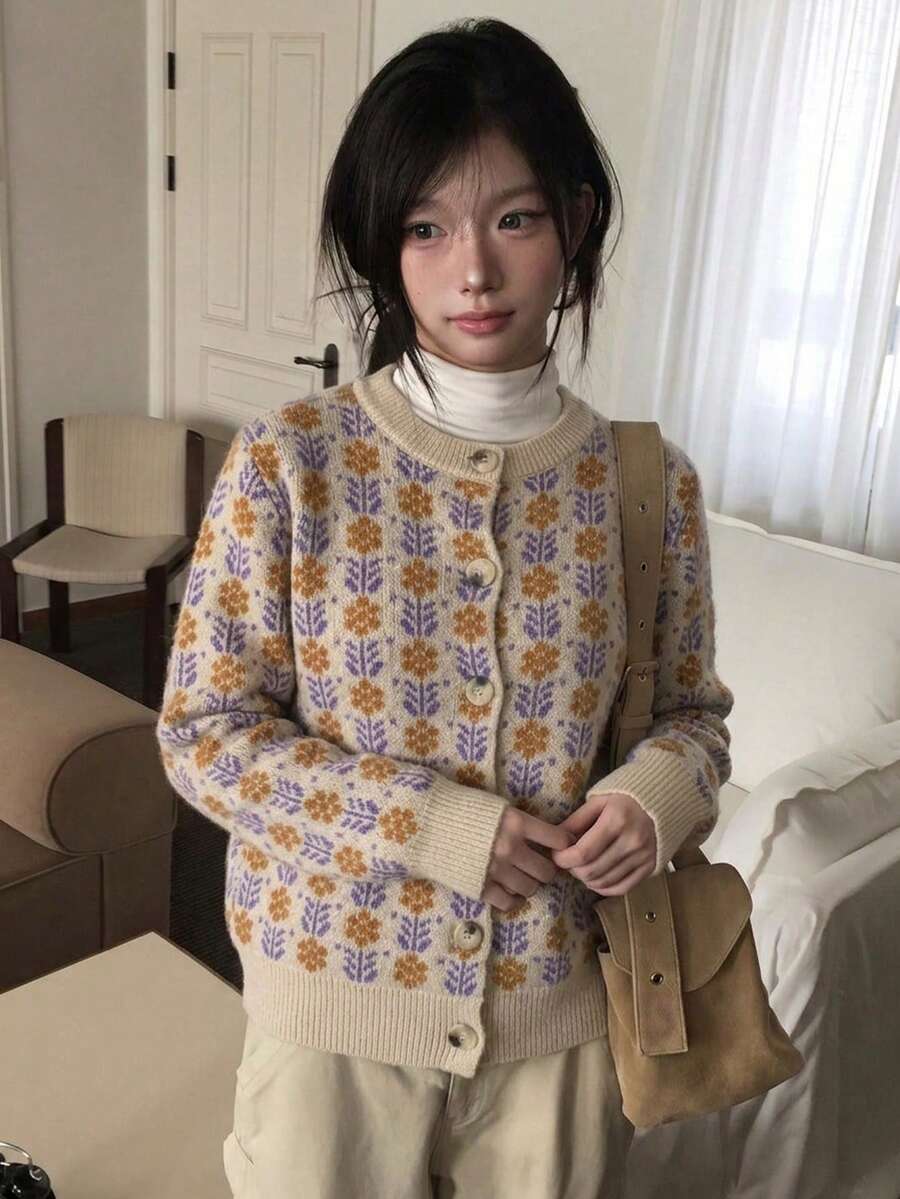 Vintage Floral Jacquard Knit Cardigan Women Round Neck Single-Breasted Loose Soft Cozy Sweater Jacket Casual Top - Khaki - View 1